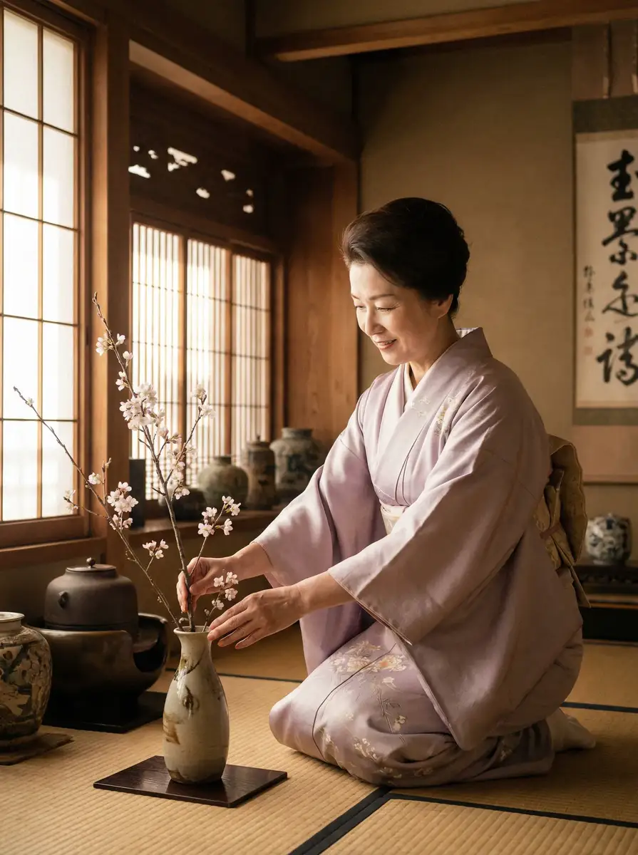 一位优雅的 彩神通网址 在和室中插花