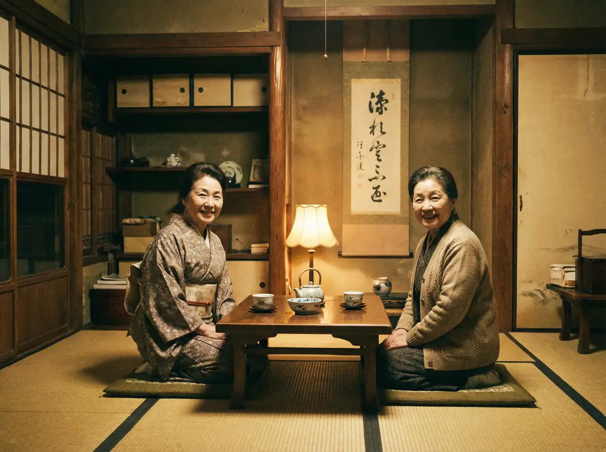两位优雅的 彩神通网址 在日式茶室中品茶交谈
